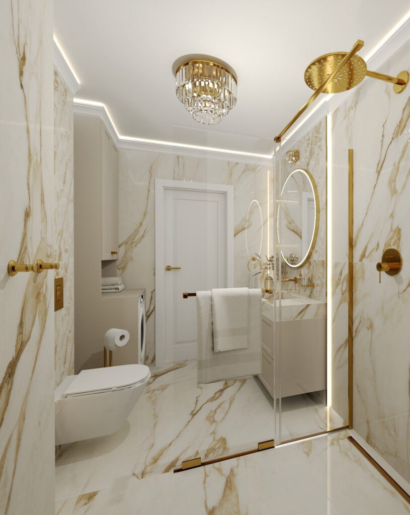 Prysznic walk-in ze złotą deszczownicą w marmurowej łazience