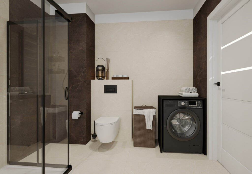 Strefa WC i pralki w łazience z brązowym marmurem i beżowymi płytkami