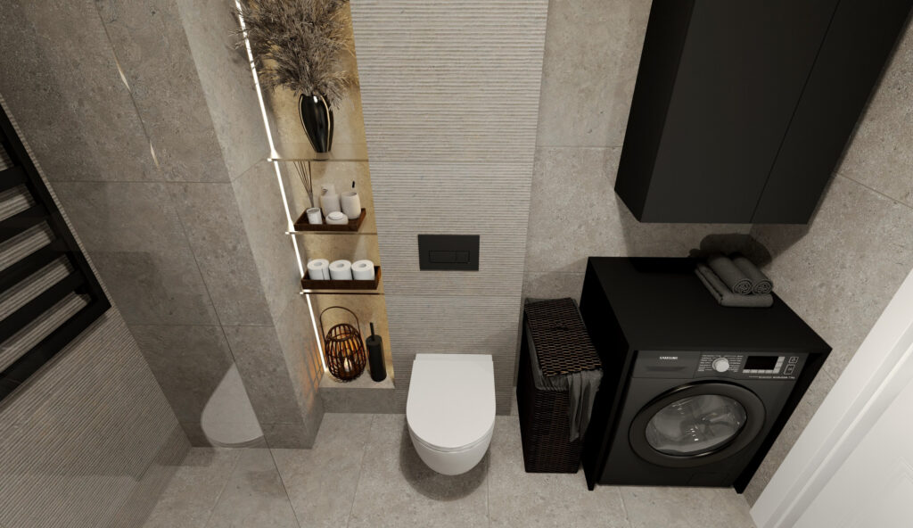 Strefa WC i pralki w szarej łazience widziana z góry
