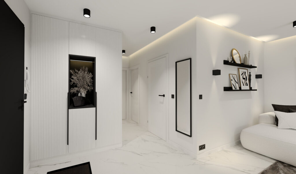 Przedpokój z wysokim lustrem i przejściem do salonu