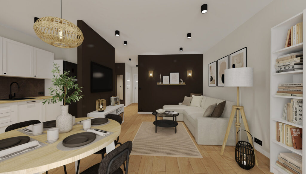 Salon z aneksem kuchennym i brązową ścianą akcentową