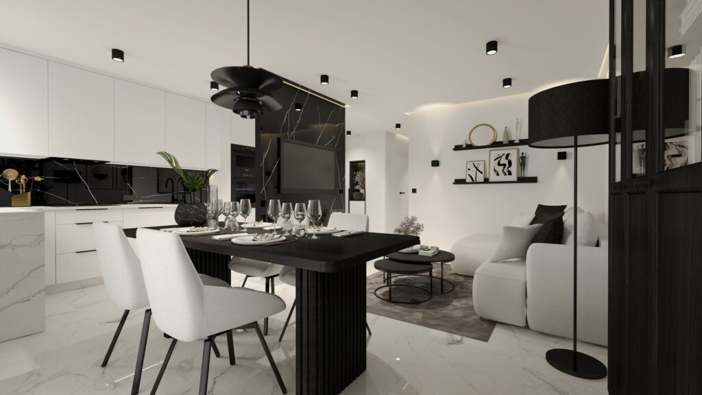 Otwarty salon z kuchnią i nakrytym stołem na tle czarnego marmuru