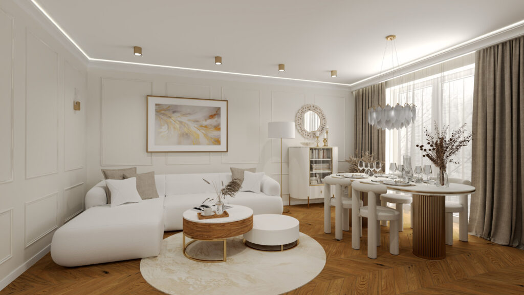 Jasny salon ze sztukaterią, białą sofą i podłogą w jodełkę